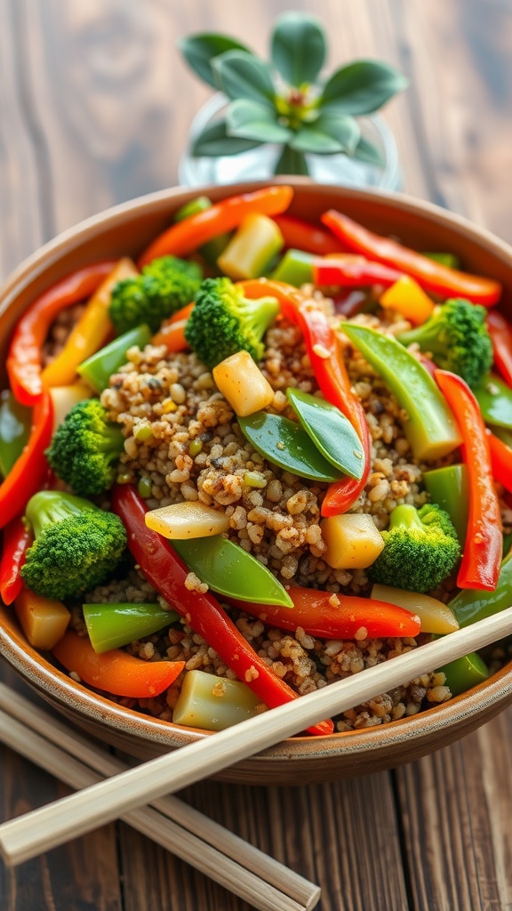 A colorful quinoa stir-fry with bell peppers, broccoli, and snap peas in a rustic bowl.